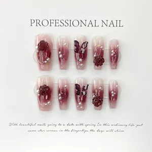 Handmade Wine Red Camellia Press On Nails 3D Rose Butterfly Artificial Pearl Design Gradient Short Long Coffin Fake Nails Fashionable