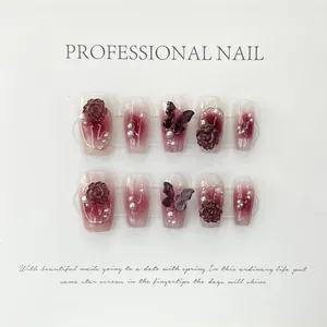 Handmade burgundy camellia and butterfly 3D press-on nails with pearl accents