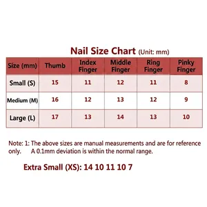 Size chart for handmade press-on nails with width measurements for all finger sizes