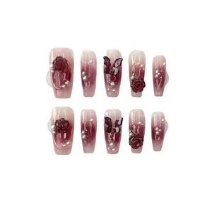 Handmade wine red long coffin press-on nails with 3D camellia flowers and butterflies