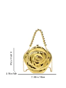Detailed view of gold 3D rose acrylic evening bag with metallic finish and size measurements