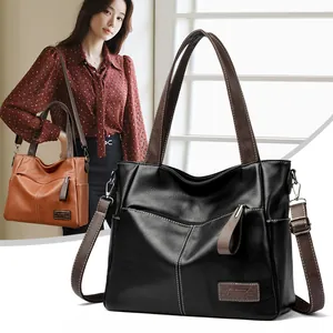 Large Capacity Women PU Leather Tote Bag Fashion Contrast Stitching Shoulder Bag Versatile Daily Commuting Handbag With Strap