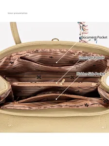 Detailed inner structure of leather tote bag showing pockets and floral lining