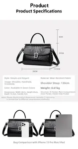 Black crocodile pattern bucket bag size details and tablet size comparison chart