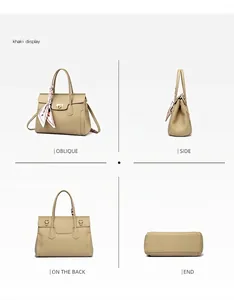 Detailed views of a khaki tote bag with metal lock, floral scarf, and detachable strap