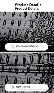 Detailed macro view of black crocodile pattern leather texture and tight uniform stitching