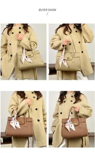Detail of lychee pattern leather tote bags in khaki and brown with floral scarf wrap
