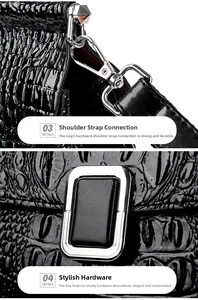 Close-up of black crocodile pattern bucket bag with shiny silver hardware and metal clasps
