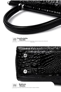 Detail of round top handle and silver metal feet on black crocodile pattern bucket bag