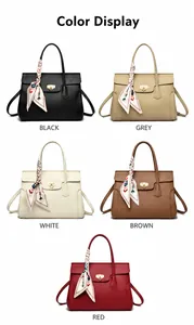 Color display of tote bags in black, grey, white, brown and red with silk scarves
