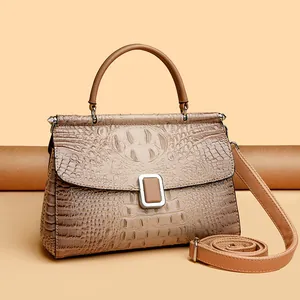 Retro crocodile pattern bucket bag with top handle and crossbody strap in gradient brown