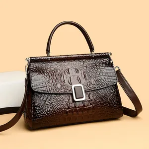 Retro deep brown crocodile embossed bucket bag with top handle and metal buckle