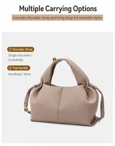 Cloud dumpling bag with top handle and shoulder strap showing multiple carrying ways