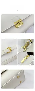 Detailed views of white lychee leather handbag featuring golden metal hardware and studs