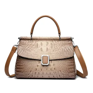 Retro crocodile pattern bucket bag in gradient brown leather with top handle and strap