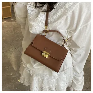 Brown leather handbag with lychee texture and gold metal buckle worn with white dress