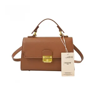 Detail of brown litchi grain leather bag with gold buckle and top handle