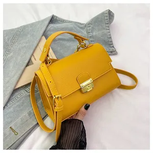 Women Fashion Litchi Pattern Synthetic Leather Handbag Gold Lock Square Crossbody Bag Minimalist Shoulder Bag Solid Color Tote Bag