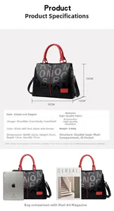 Detailed view of black printed tote bag with size dimensions and A4 comparison