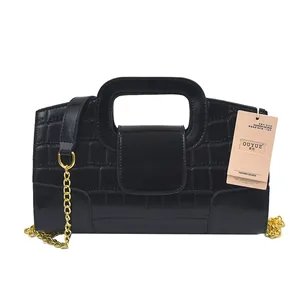 Mini sac carré chic noir à motif crocodile avec chaîne dorée et poignée supérieure