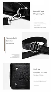Detail der Handtasche mit Litschi-Muster, verstellbarem Gurt und Metallnieten am Boden