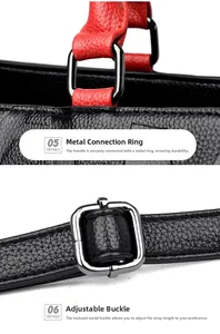 Detail view of lychee leather texture and durable metal hardware on women handbag