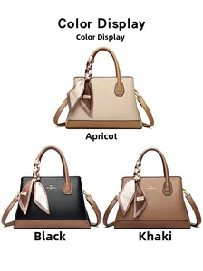 Trio of textured leather tote bags in apricot, black, and khaki with silk scarf handles