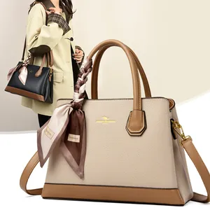 Women Large Capacity PU Leather Tote Bag With Satin Scarf Decoration Contrast Color Fashion Handbag Shoulder Crossbody Bag