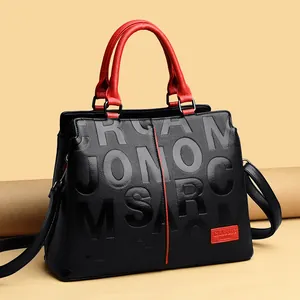 Women Large Capacity PU Leather Handbag Embossed Letter Pattern Top Handle Bag Contrast Color Crossbody Shoulder Bag Daily Lady Travel Bag