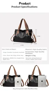 Detailed size chart for black faux leather tote bag with brand logo and iPad comparison