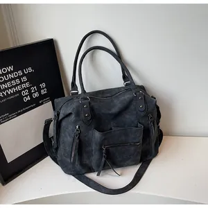 Detailed macro view of retro matte gray tote bag with multiple zipper pockets and rivets