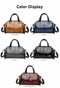 Muestra de colores de bolsos bandolera retro en cinco acabados de cuero sintético brillante