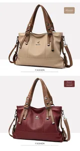 Detail view of khaki and red pebbled leather tote bags with metal logos and adjustable straps