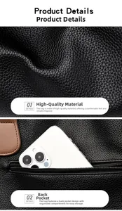 Detail of black lychee grain leather handbag featuring a functional rear zipper pocket