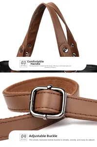 Detail view of the brown leather handbag handle and silver adjustable metal buckle