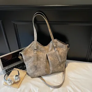 Retro taupe tote bag with marble texture and adjustable handles for daily commuting