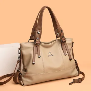 Large capacity beige tote bag with brown handles and detachable shoulder strap for women