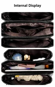 Detailansicht der schwarzen Handtasche mit großem Fassungsvermögen und Reißverschluss