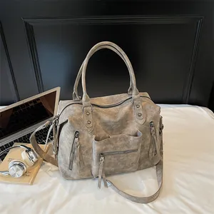 Vintage large capacity tote bag in washed grey faux leather with multiple zip pockets