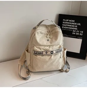 Detail of beige nylon backpack with floral SJCHAO woven straps and large front pocket