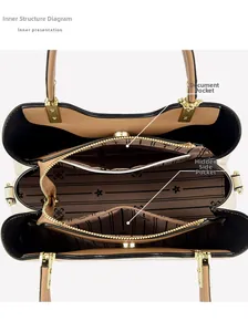 Top view of leather tote bag inner compartments with zipper pocket and patterned lining
