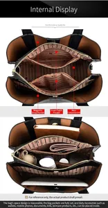 Vue détaillée de l'intérieur du sac à main noir avec compartiments et doublure