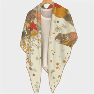 Elegant floral and horse print triangle scarf in cream white with vintage patterns
