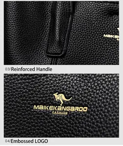 Détails du cuir grainé noir avec logo kangourou doré et finitions des coutures renforcées