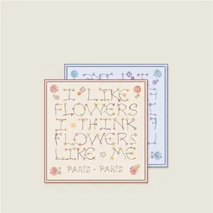 Double-sided silk square scarf with floral alphabet print in beige and light blue colors