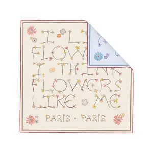 Double-sided floral silk square scarf with I Think Flowers Like Me text in Paris style
