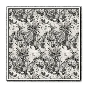 Retro tropical rainforest pattern velvet square shawl with elegant black fringe borders