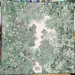 Vintage Botanical Garden Print Scarf Faux Silk Wool Blend Large Square Shawl With Hand Rolled Edge Tropical Palm Leaf Wrap For Women