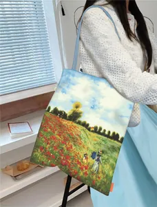 Artistic Van Gogh sunflower canvas tote bag with large capacity and Monet style oil print