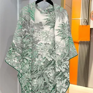 Tropical green floral cashmere shawl scarf with palm leaf patterns and fine green edging